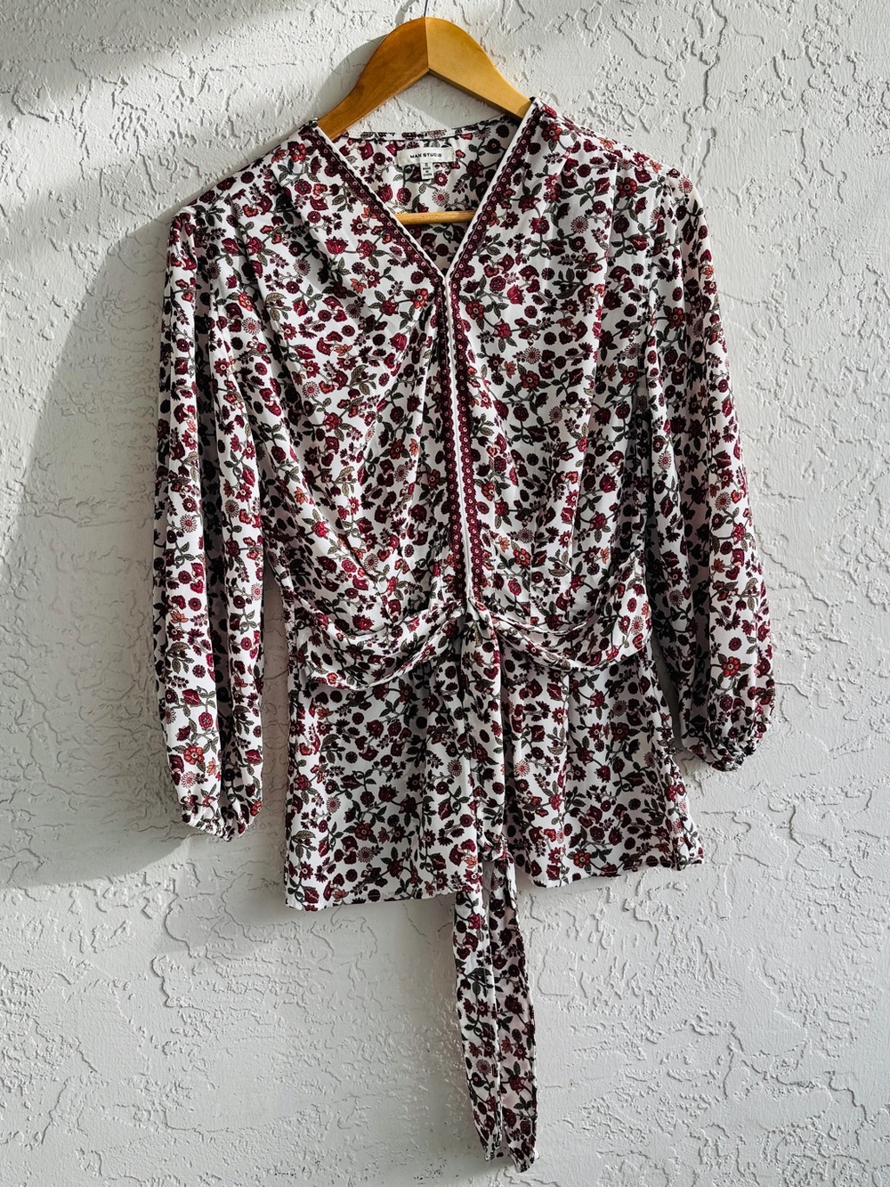 Max Studio White Blouse with Burgundy Floral Print